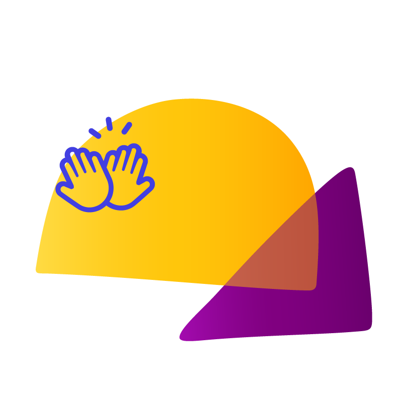 yellow semicircle and dark purple triangle with illustrated high five hands